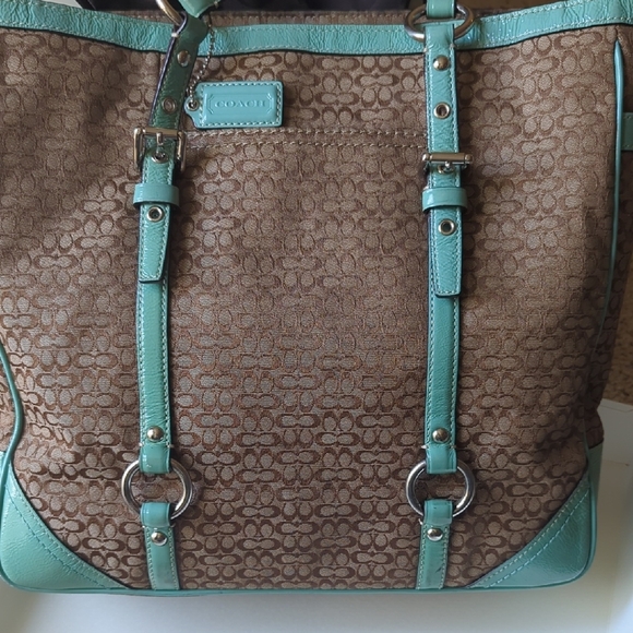 Vintage Coach Brown and Teal Signature Tote Comes With Original Box And Dust Bag - Picture 3 of 14